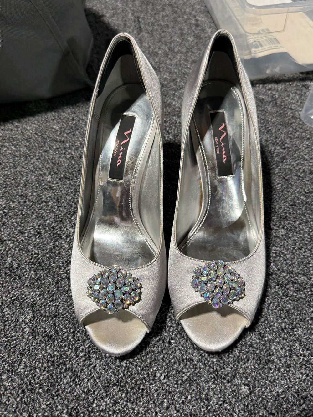 Nina Silver Satin Peep-Toe Heels with Iridescent Crystal Cluster